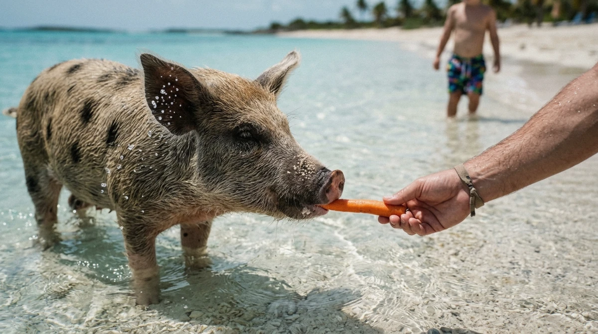 Traveller feeding a carrot to a pig standing in shallow water on a swimming with pigs Nassau beach, Bahamas