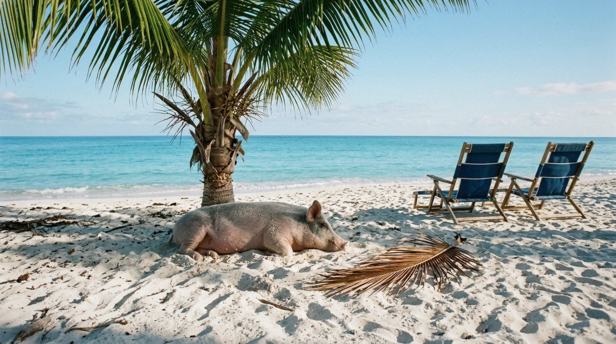 Calm turquoise water and a clear morning sky over a swimming pigs beach near Nassau, the best time of year to visit