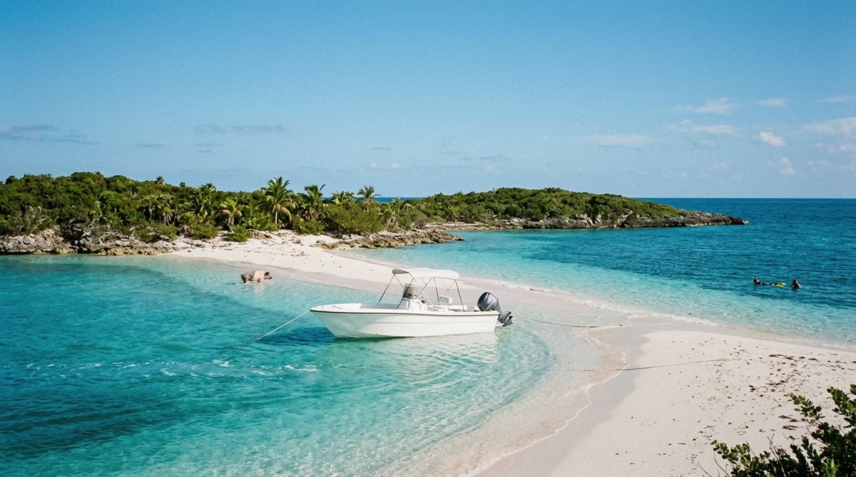 A Nassau 3 island boat tour speedboat crossing calm turquoise water toward Rose Island with passengers aboard